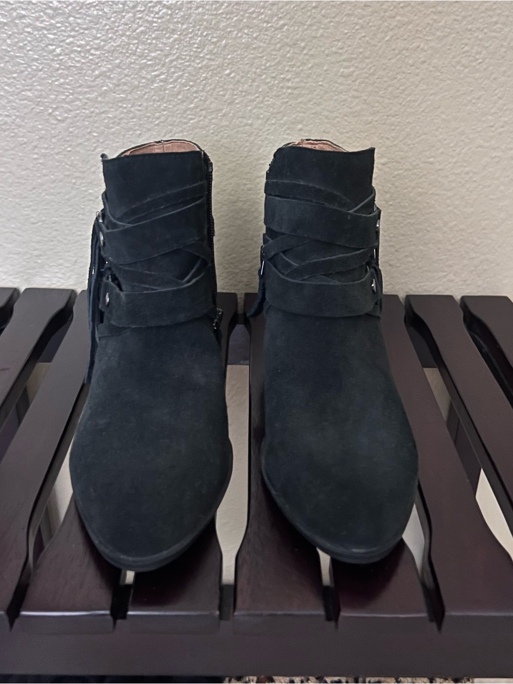 Franco Sarto Black Suede Ankle Booties with Wrap Strap Detail
